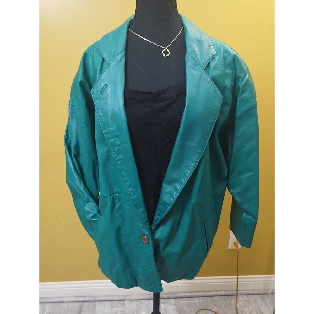 VTG 80s Toffs One Button Green Leather Jacket XS Retro